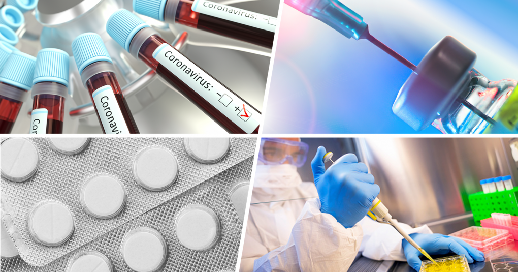 collage of four photos showing: vials of blood labelled coronavirus positive, vaccine or antiviral medication vial with syringe inserted, scientist preparing samples with pipettte in lab wearing full protective clothing, round white medicine tablets in blister pack | FDA