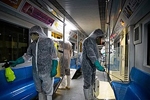 Workers disinfect Tehran subway wagons against coronavirus. Zoheir Seidanloo